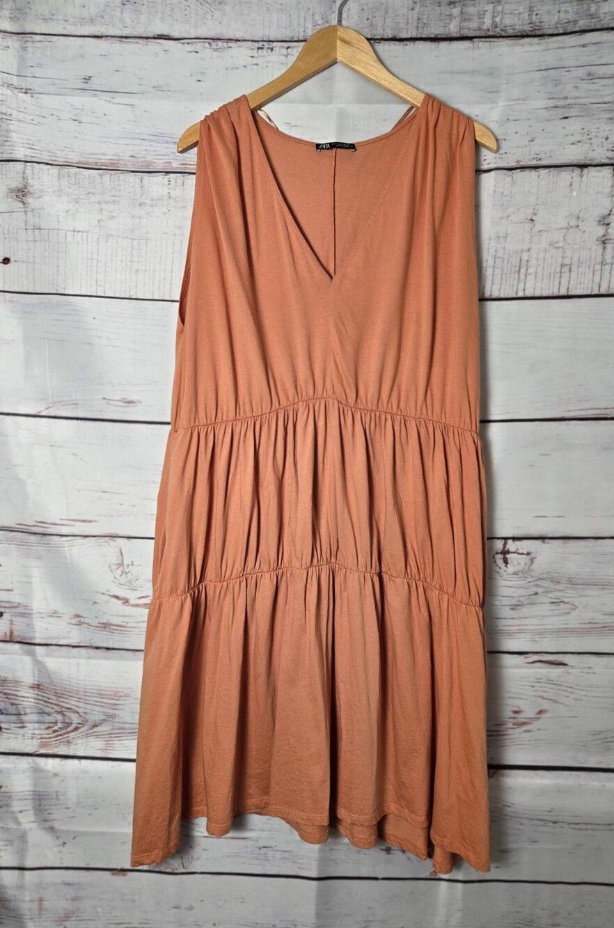 Zara Womens Dress Size Large Orange Tiered V Neck Sleeveless Summer Boho